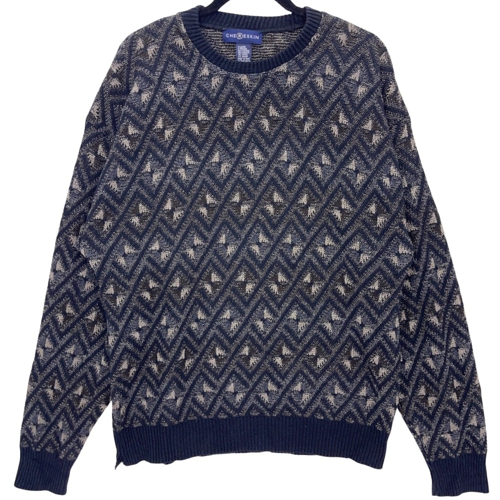 Vintage 90s Chereskin Blue Geometric Knit Sweater XL Made in Italy Cotton Wool